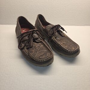 TWISTED X Embossed Tooled Brown Gold Moc Women's 6M Driving Boat Shoe WDM0070